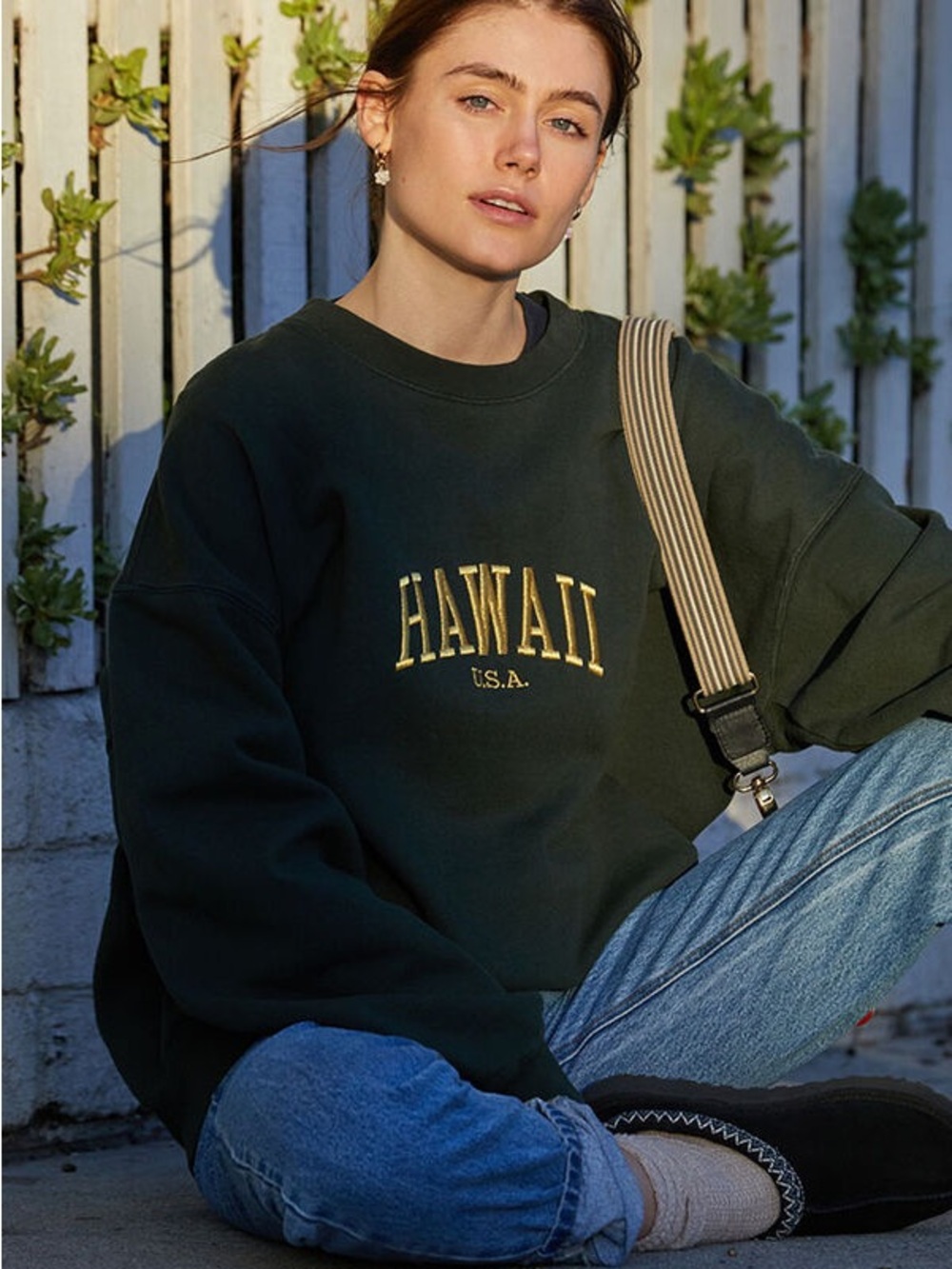 Brandy Melville Dark Green "HAWAII U.S.A." Crewneck Sweatshirt with Yellow Logo